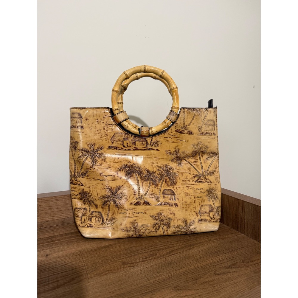 Sunset Cove Tropical Embossed Tote Bag with Bamboo Circle Handles Tan Palm Tree